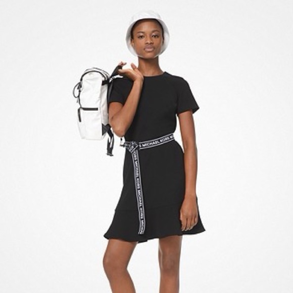 Michael Kors Logo Tape Belted Flounce Dress